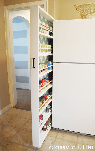 diy hidden storage canned food storage cabinet, storage ideas, urban living, woodworking projects, Pulls out for easy access to canned goods etc